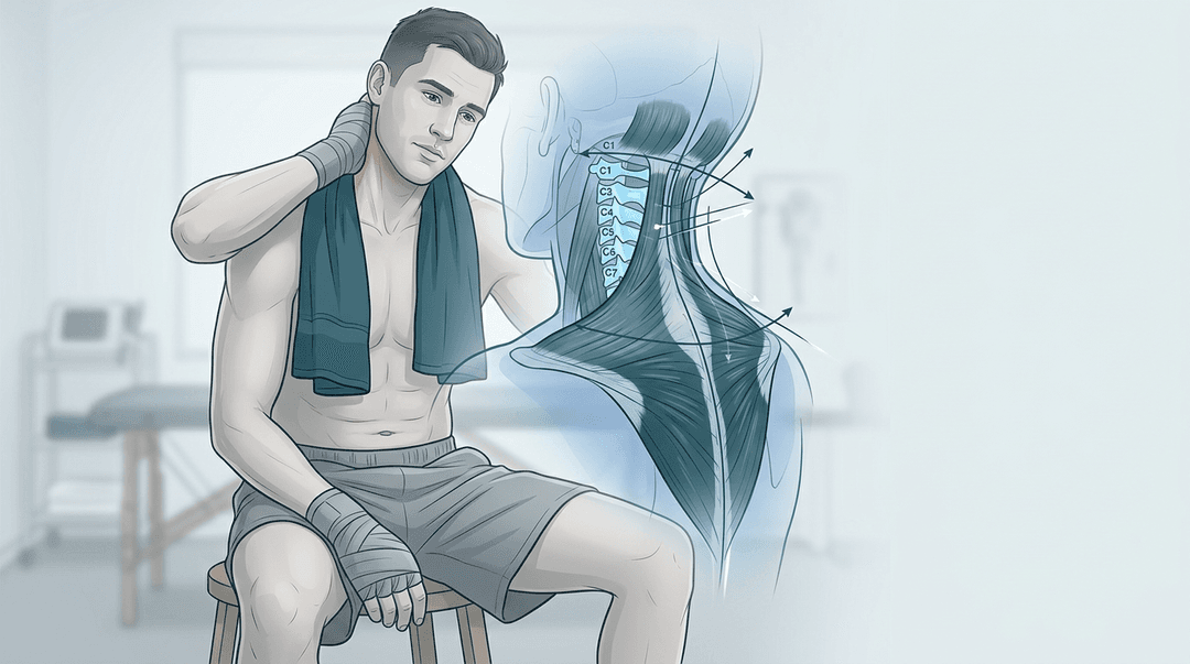 Illustrazione editoriale di un boxeur con focus biomeccanico sul tratto cervicale