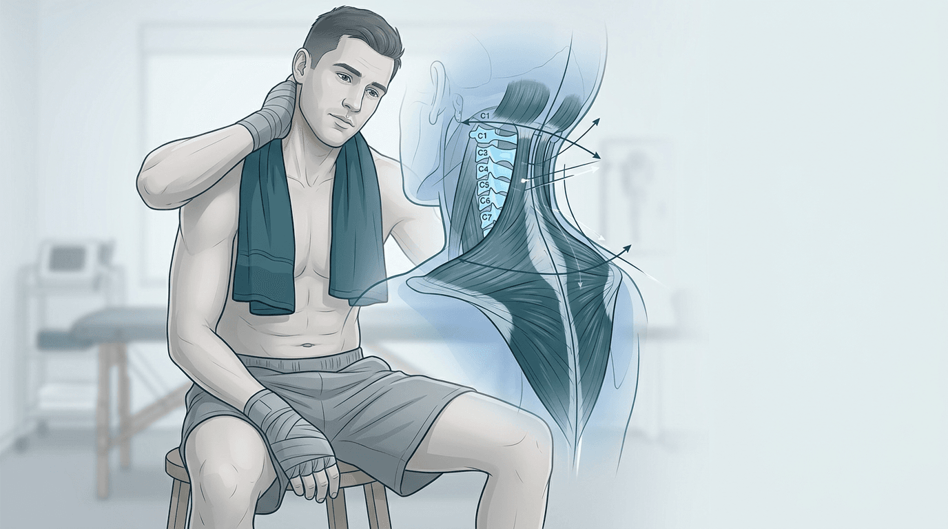 Illustrazione editoriale di un boxeur con focus biomeccanico sul tratto cervicale