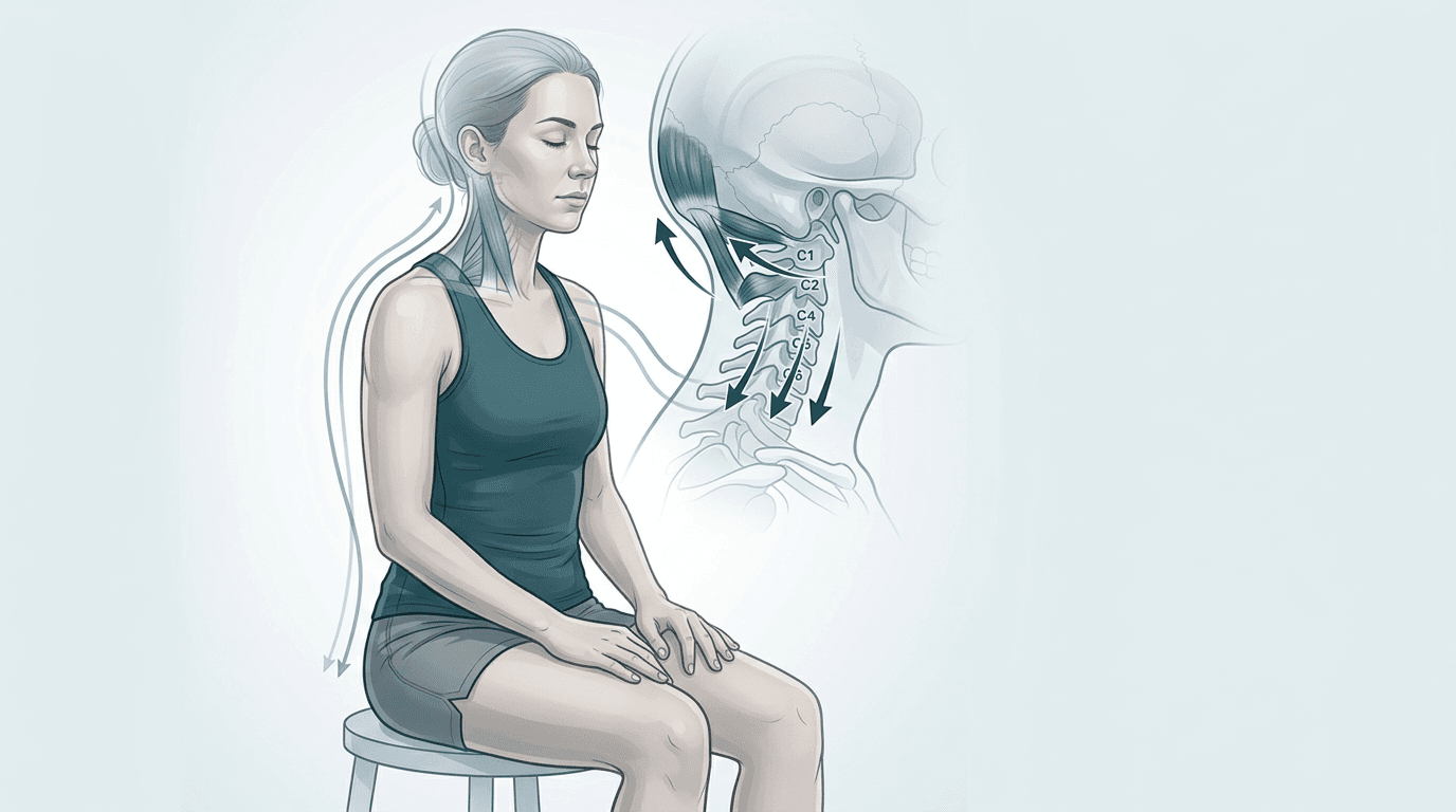 Illustrazione editoriale del distretto cranio-cervicale e delle tensioni di assetto