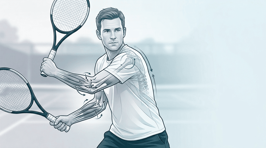 Illustrazione editoriale di un tennista con focus biomeccanico bilaterale sui gomiti