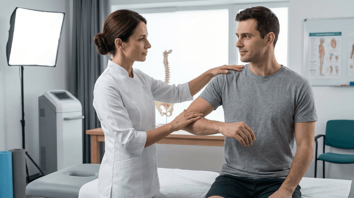 Osteopata durante valutazione iniziale del paziente in studio