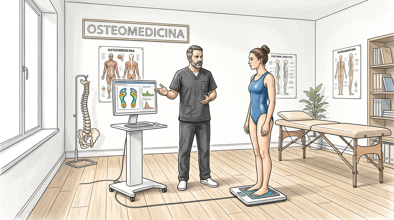 Illustrazione: osteopata in studio durante valutazione posturale con atleta in body